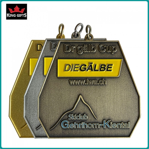 B005 - 2D medal with soft enamels,Matt gold,antique silver and antique bronze plated.