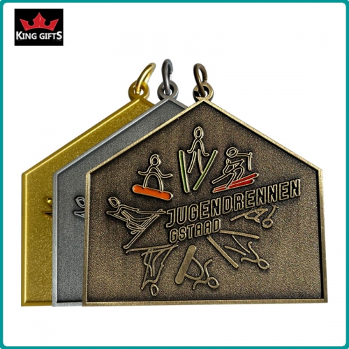 B009 - 2D medal with soft enamels,Matt gold,antique silver and antique bronze plated.