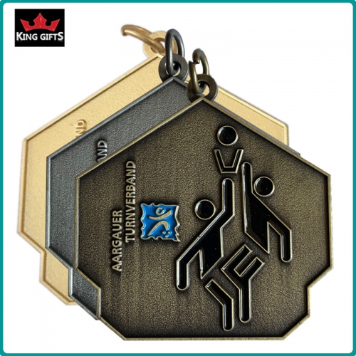 B011 - Sport medal with soft enamels,Matt gold,antique silver and antique bronze plated.