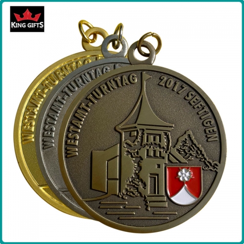 B013 - 2D soft enamel medal with Matt gold,antique silver and antique bronze plated.