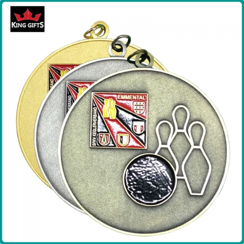 B019 - Custom bowling soft enamel medal with Matt gold, antique silver and antique bronze plated.