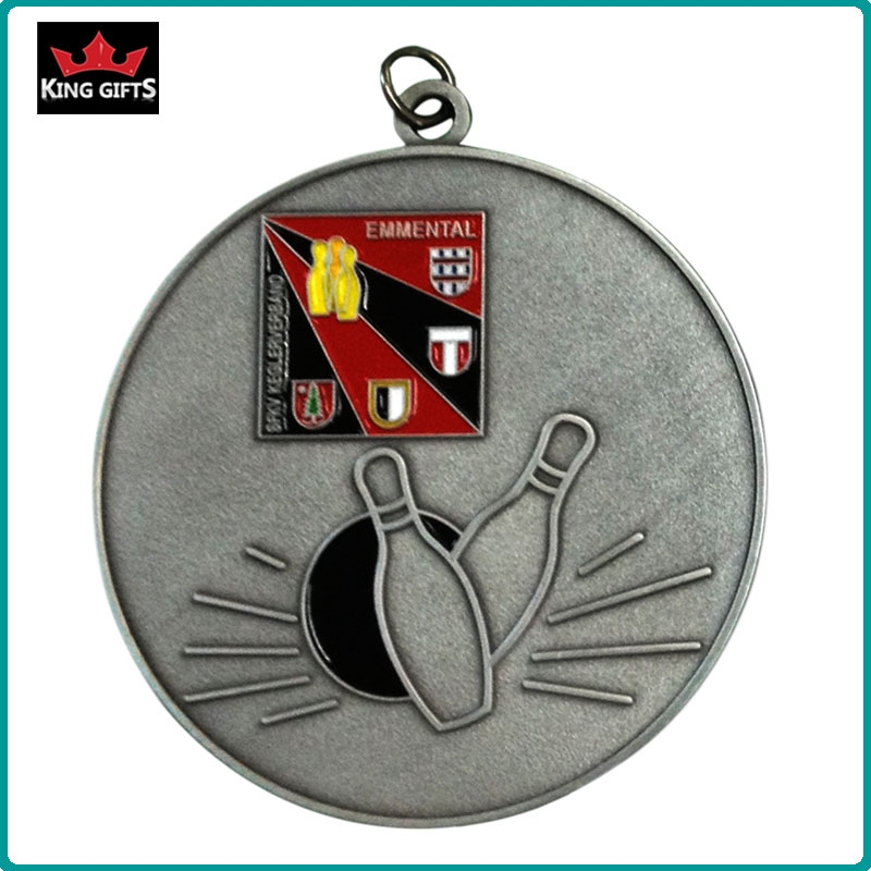B018 - Custom bowling soft enamel medal with Matt gold, antique silver and antique bronze plated.