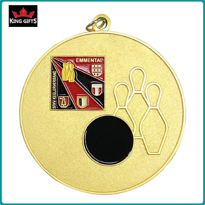 B019 - Custom bowling soft enamel medal with Matt gold, antique silver and antique bronze plated.